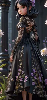 Anime-style figure in a detailed black floral dress.