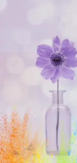 Purple flower with colorful gradient background in vase.