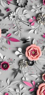 Gray floral wallpaper with pink accents.