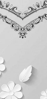 Elegant gray wallpaper with white floral designs and intricate patterns.