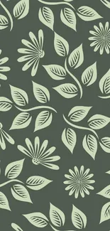 Mobile wallpaper with dark green floral leaf pattern.