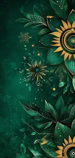 Floral wallpaper with green leaves and intricate design