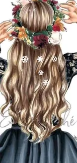 Illustration of a woman with a floral crown and flowing hair in elegant attire.