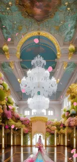 Luxurious hall with chandelier and vibrant floral decorations.