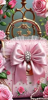 Elegant handbag with pink roses and pearls in ornate design