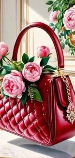 Luxurious red handbag adorned with pink flowers, set in an elegant setting.