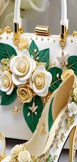 Elegant handbag and shoes with floral designs.