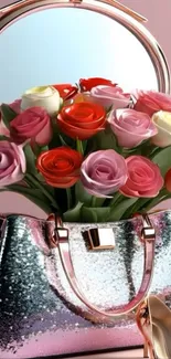 Stylish handbag with vibrant roses and heels in a pink theme.