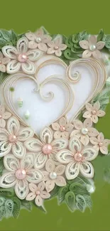 Floral heart quilling art with a green background and pastel accents.