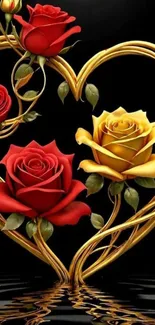 Floral heart design with roses and golden vines.