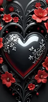 Elegant heart design with red flowers on black background
