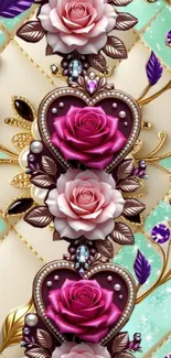 Elegant wallpaper with floral heart design featuring roses and ornate details.