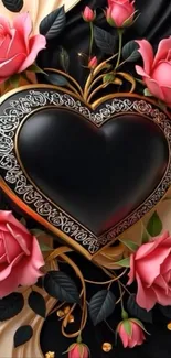 Elegant black heart framed with pink roses on a mobile wallpaper.