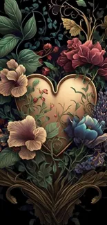 Elegant floral heart design with vibrant flowers and greenery.