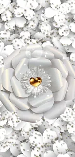 Elegant white floral wallpaper with gold heart centerpiece.