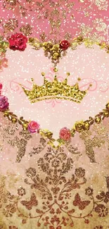 Pink and gold floral heart wallpaper with crown design.