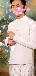 Person in white outfit with pink hearts and floral background.