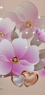 Elegant floral wallpaper with pink flowers and heart motifs.