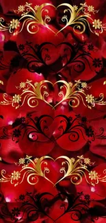 Red floral heart wallpaper with gold and black designs.