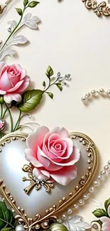 Floral heart design with pink roses and decorative elements.