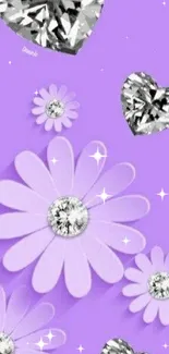 Lavender daisies and diamond hearts on a purple wallpaper background.