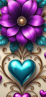 Elegant wallpaper with purple flower and heart design.