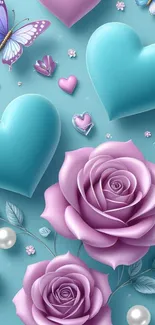 Purple roses and teal hearts with butterflies wallpaper.