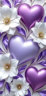 Purple heart and white flower mobile wallpaper with elegant design.