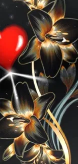 Black and gold flowers with red heart wallpaper.