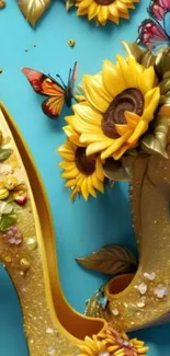 Elegant gold heels adorned with sunflowers and butterflies on a blue backdrop.