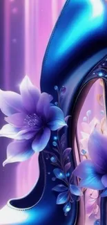 High heel with purple flowers on a vibrant background.