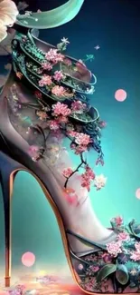 Elegant high heel with intricate floral designs on mobile wallpaper.