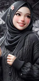 Black hijab with floral design on mobile wallpaper.