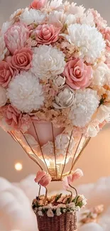 Floral hot air balloon with roses and delicate blooms.