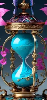 Turquoise floral hourglass with pink flowers.