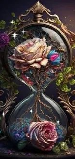 Artistic floral hourglass in a dark vintage style with roses and leaves.