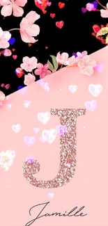 Pink floral wallpaper with a rose gold initial 'J' and cherry blossoms.