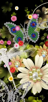 Mobile wallpaper with jeweled butterflies and vibrant floral design on a black background.