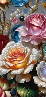 Floral and jewel-themed wallpaper with roses and intricate design.