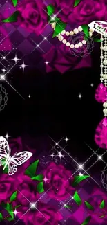 Elegant purple floral wallpaper with jewels and butterflies.