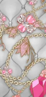 Elegant floral and jewel-themed mobile wallpaper with pink accents.