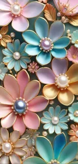Elegant floral jewel wallpaper with pastel designs and pearls.