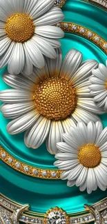 Luxurious daisy and jewel mobile wallpaper with turquoise background.