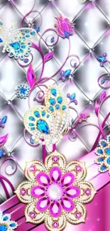 Elegant pink floral wallpaper with jewels and butterflies.