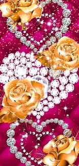 Mobile wallpaper with golden roses and jeweled hearts on magenta background.