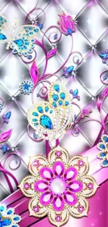 Elegant mobile wallpaper with floral jewel designs and vibrant pink accents.