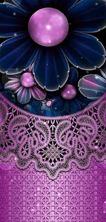 Elegant wallpaper with purple flowers and lace design.