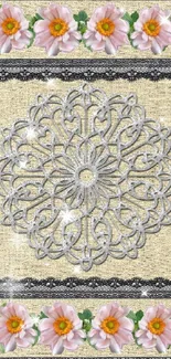 Elegant wallpaper with lace and floral design on a textured beige background.