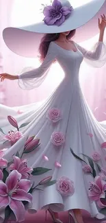 Elegant lady in white dress surrounded by pink flowers.