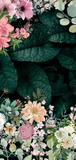 Floral wallpaper with dark green leaves and vibrant flowers.